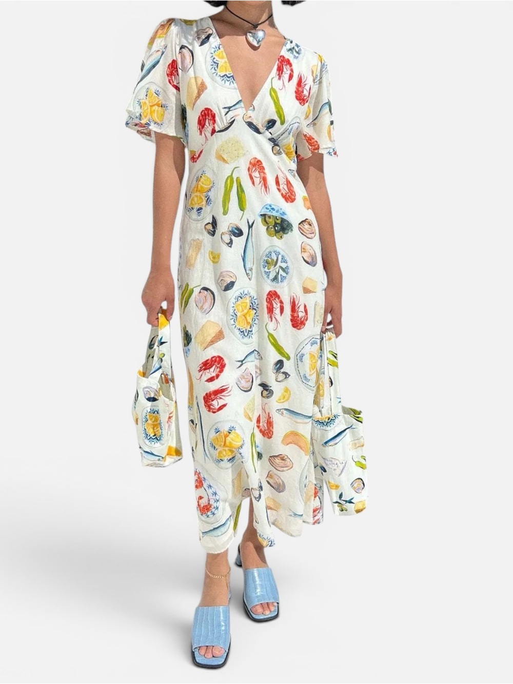Mediterranean Seafood Print Midi Dress Italian Summer Size Small NWT